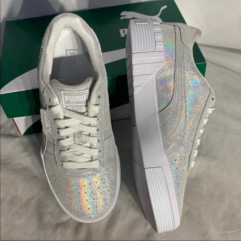 Puma Cali Shimmer Holographic Rainbow Glitter Silver White Shoes Womans NWB - Picture 6 of 7